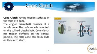 20
Cone Clutch
Cone Clutch having friction surfaces in
the form of a cone.
The engine crankshaft consists of a
female cone. The male cone is mounted
on the splined clutch shaft. Cone clutch
has friction surfaces on the conical
portion. The male cone can easily slide
on the clutch shaft.
 
