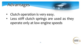 32
Advantages
• Clutch operation is very easy.
• Less stiff clutch springs are used as they
operate only at low engine speeds
 