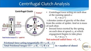 63
Centrifugal Clutch Analysis
• Centrifugal force acting on each shoe
at the running speed ω
Fc = m ω2 r
r denotes centre of gravity of the shoe
from the centre of spider. And m is mass
of each shoe.
• Inward force exerted by the spring
on each shoe at speed ω1 at which
engagement begins to take place
Fs = m ω1
2 r
Net outward radial force = Fc – Fs
Frictional force acting tangentially (F) = μ (Fc – Fs)
Total Frictional torque (T) = μ (Fc – Fs) R x n (n = number of shoes)
 