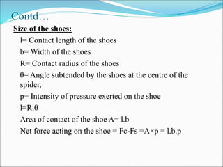 Contd…
Size of the shoes:
l= Contact length of the shoes
b= Width of the shoes
R= Contact radius of the shoes
θ= Angle subtended by the shoes at the centre of the
spider,
p= Intensity of pressure exerted on the shoe
l=R.θ
Area of contact of the shoe A= l.b
Net force acting on the shoe = Fc-Fs =A×p = l.b.p
 