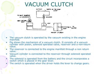 VACUUM CLUTCH
• The vacuum clutch is operated by the vacuum existing in the engine
manifold.
• Fig shows the mechanism of a vacuum clutch. It consists of a vacuum
cylinder with piston, solenoid operated valve, reservoir and a non-return
valve.
• The reservoir is connected to the engine manifold through a non return
valve.
• Vacuum cylinder is connected to the reservoir through solenoid operated
valve.
• The solenoid is operated from the battery and the circuit incorporates a
switch which is placed in the gear lever.
• The switch is operated when the driver holds the lever to change gears.
 