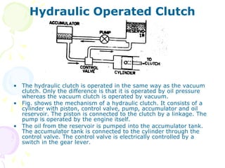 Hydraulic Operated Clutch
• The hydraulic clutch is operated in the same way as the vacuum
clutch. Only the difference is that it is operated by oil pressure
whereas the vacuum clutch is operated by vacuum.
• Fig. shows the mechanism of a hydraulic clutch. It consists of a
cylinder with piston, control valve, pump, accumulator and oil
reservoir. The piston is connected to the clutch by a linkage. The
pump is operated by the engine itself.
• The oil from the reservoir is pumped into the accumulator tank.
The accumulator tank is connected to the cylinder through the
control valve. The control valve is electrically controlled by a
switch in the gear lever.
 