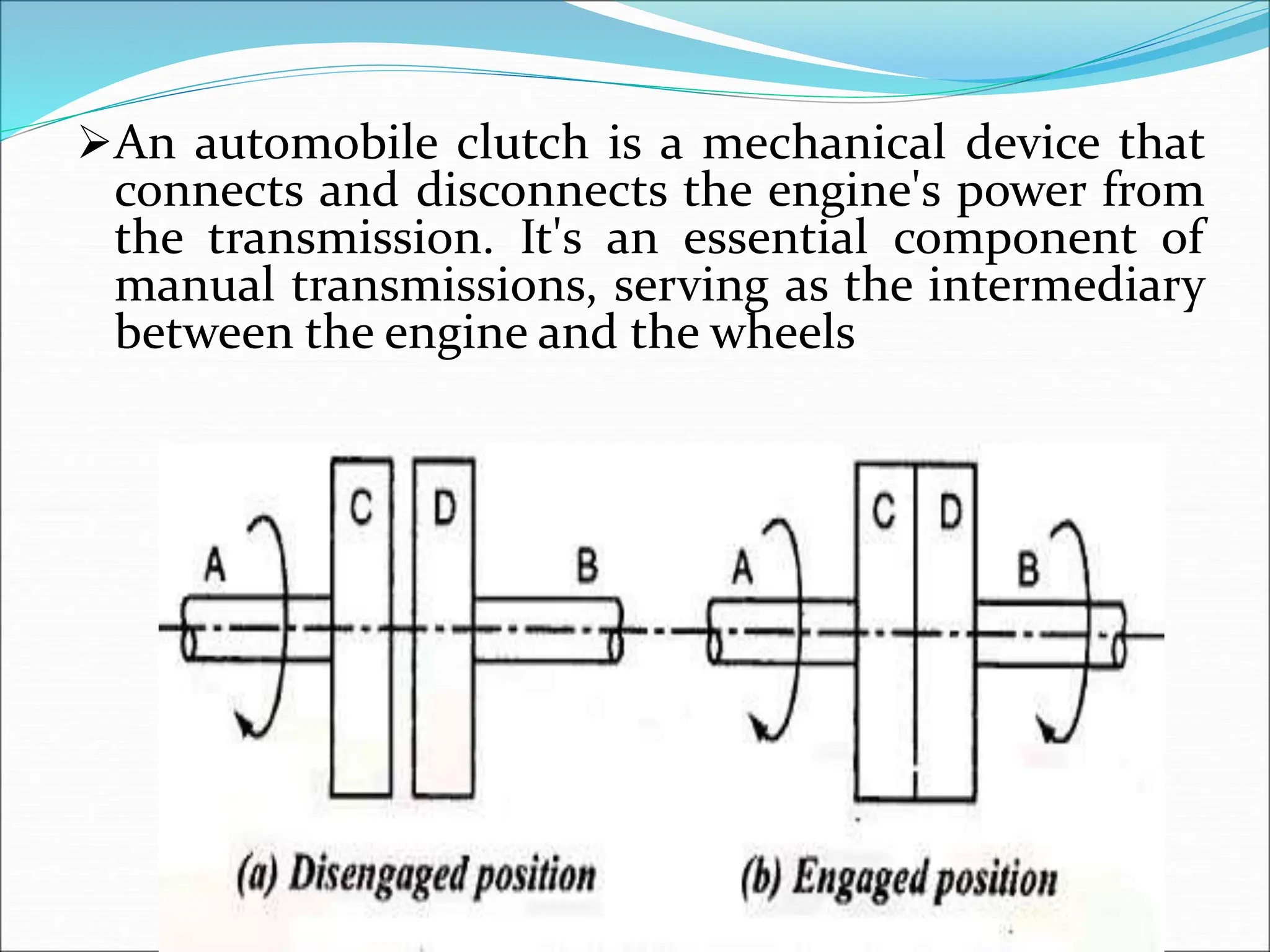 An automobile clutch is a mechanical device that
connects and disconnects the engine's power from
the transmission. It's an essential component of
manual transmissions, serving as the intermediary
between the engine and the wheels
 