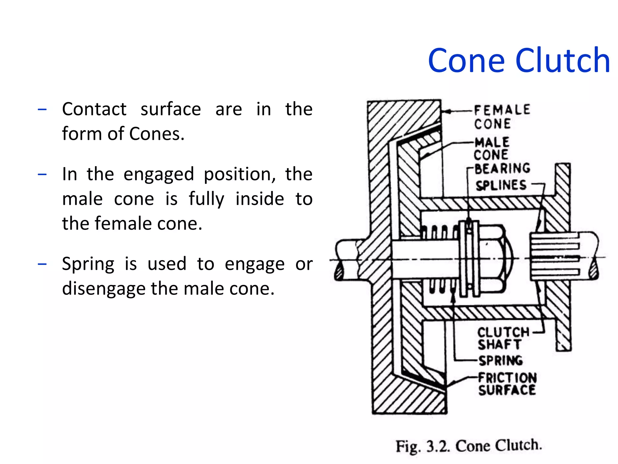 Cone Clutch
− Contact surface are in the
form of Cones.
− In the engaged position, the
male cone is fully inside to
the female cone.
− Spring is used to engage or
disengage the male cone.
 