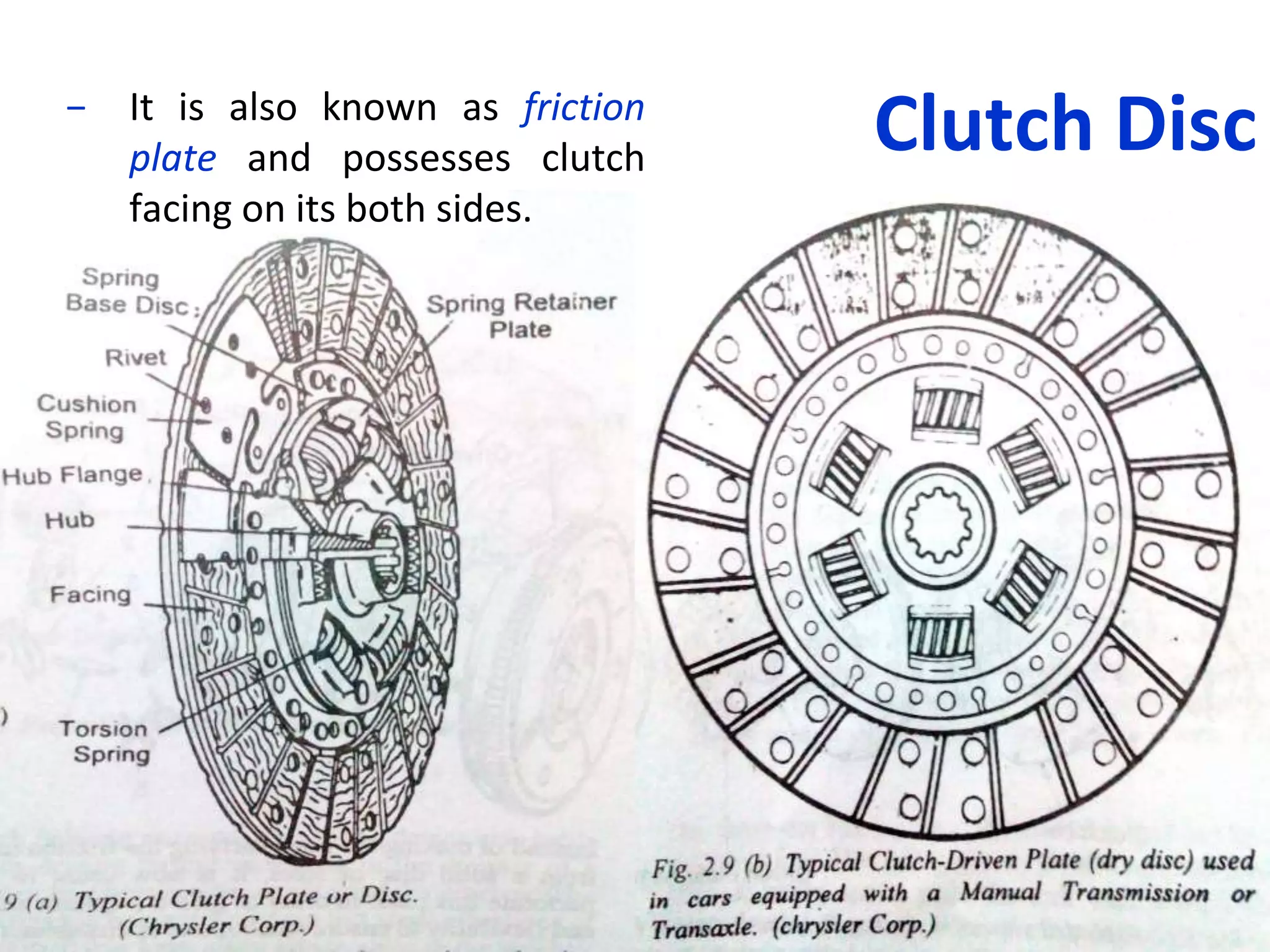 Clutch Disc− It is also known as friction
plate and possesses clutch
facing on its both sides.
 