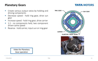 Planetary Gears
 Create various output ratios by holding and
driving components
 Decrease speed - hold ring gear, drive sun
gear
 Increase speed - hold ring gear, drive carrier
 1:1 - no components held, two component
driven same speed
 Reverse - hold carrier, input sun or ring gear
7/26/2022 TML 15
Video for Planetary
Gear operation
 