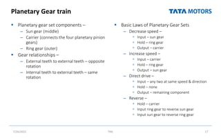 Planetary Gear train
 Planetary gear set components –
– Sun gear (middle)
– Carrier (connects the four planetary pinion
gears)
– Ring gear (outer)
 Gear relationships –
– External teeth to external teeth – opposite
rotation
– Internal teeth to external teeth – same
rotation
 Basic Laws of Planetary Gear Sets
– Decrease speed –
 Input – sun gear
 Hold – ring gear
 Output – carrier
– Increase speed –
 Input – carrier
 Hold – ring gear
 Output – sun gear
– Direct drive –
 Input – any two at same speed & direction
 Hold – none
 Output – remaining component
– Reverse –
 Hold – carrier
 Input ring gear to reverse sun gear
 Input sun gear to reverse ring gear
7/26/2022 TML 17
 
