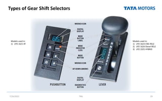 Types of Gear Shift Selectors
7/26/2022 TML 29
Models used in:
1) LPO 1623 CNG RELE
2) LPO 1624 Diesel RELE
3) LPO 1925 HYBRID
Models used in:
1) LPO 1621 AT
 