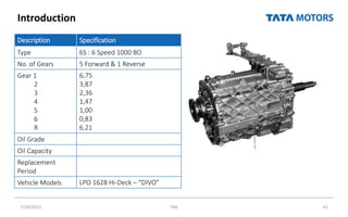 Introduction
7/26/2022 TML 42
Description Specification
Type 6S : 6 Speed 1000 BO
No. of Gears 5 Forward & 1 Reverse
Gear 1
2
3
4
5
6
R
6,75
3,87
2,36
1,47
1,00
0,83
6,21
Oil Grade
Oil Capacity
Replacement
Period
Vehicle Models LPO 1628 Hi-Deck – “DIVO”
 