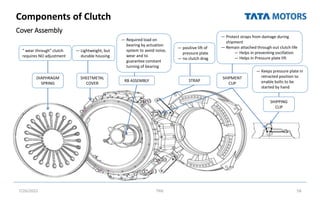 Components of Clutch
Cover Assembly
7/26/2022 TML 58
DIAPHRAGM
SPRING
SHEETMETAL
COVER
RB ASSEMBLY STRAP
SHIPMENT
CUP
SHIPPING
CLIP
“ wear through” clutch
requires NO adjustment
— Lightweight, but
durable housing
— Required load on
bearing by actuation
system to avoid noise,
wear and to
guarantee constant
turning of bearing
— positive lift of
pressure plate
— no clutch drag
— Protect straps from damage during
shipment
— Remain attached through out clutch life
— Helps in preventing oscillation
— Helps in Pressure plate lift
— Keeps pressure plate in
retracted position to
enable bolts to be
started by hand
 