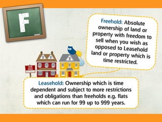 Leasehold: Ownership which is time
dependent and subject to more restrictions
and obligations than freeholds e.g. flats
which can run for 99 up to 999 years.
 