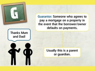 Guarantor: Someone who agrees to
pay a mortgage on a property in
the event that the borrower/owner
defaults on payments.
Usually this is a parent
or guardian.
Thanks Mum
and Dad!
 