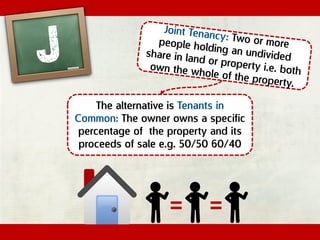 The alternative is Tenants in
Common: The owner owns a specific
percentage of the property and its
proceeds of sale e.g. 50/50 60/40
= =
 
