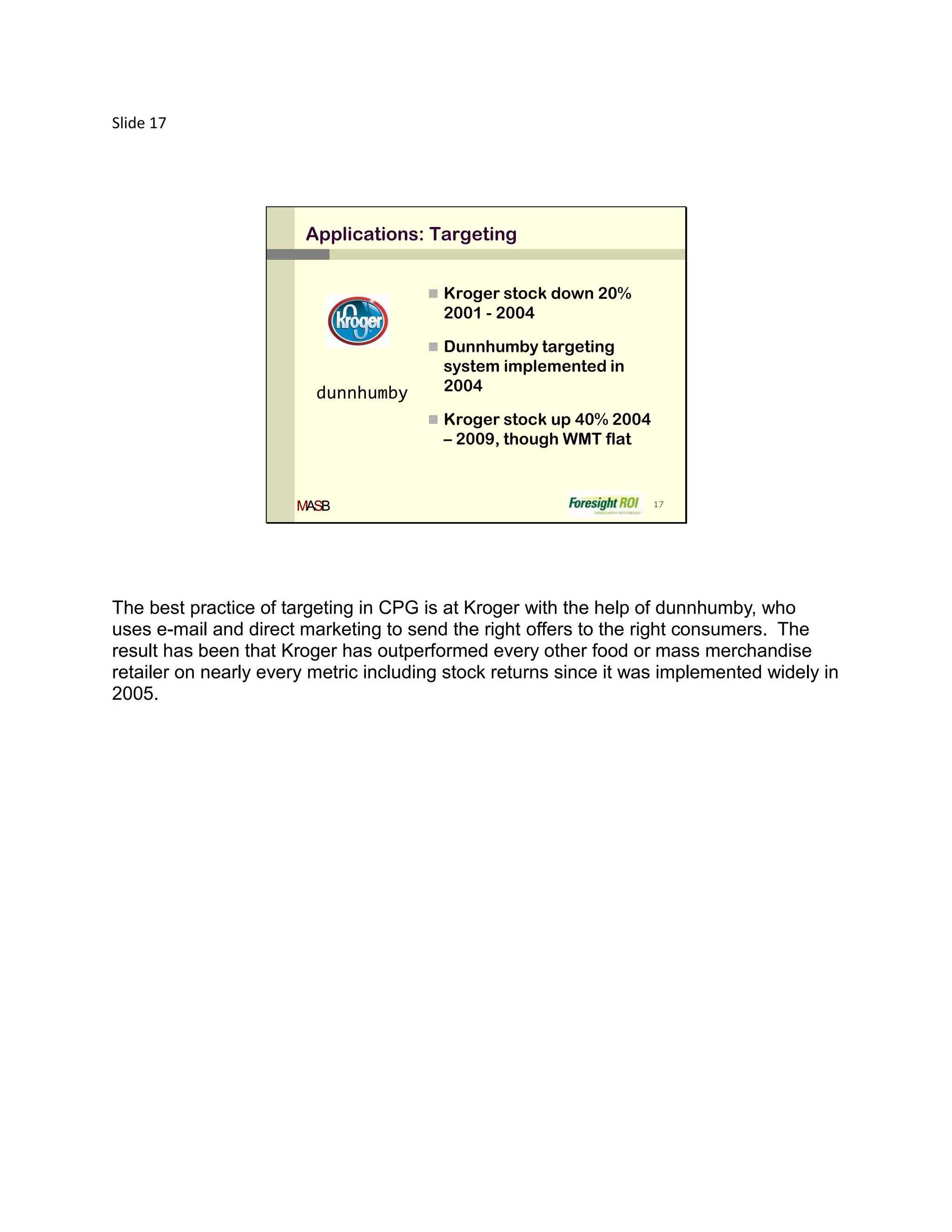 Slide 17




                       Applications: Targeting


                                        Kroger stock down 20%
                                         2001 - 2004

                                        Dunnhumby targeting
                                         system implemented in
                         dunnhumby       2004

                                        Kroger stock up 40% 2004
                                         – 2009, though WMT flat



                      MASB                                          17




The best practice of targeting in CPG is at Kroger with the help of dunnhumby, who
uses e-mail and direct marketing to send the right offers to the right consumers. The
result has been that Kroger has outperformed every other food or mass merchandise
retailer on nearly every metric including stock returns since it was implemented widely in
2005.
 