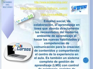 NOMBRE
DEL
RECURSO
Entorno social, de
colaboración, el aprendizaje en
línea que aborda directamente
las necesidades del moderno
ambiente de aprendizaje al
hacer las nuevas habilidades y
competencias de
comunicación para la creación
de contenidos y compartiendo
el centro de la experiencia en
el aula. Es también un sistema
completo de gestión de
aprendizaje (LMS) con control
http://www.ectolearning.com/
https://cienciasi.edu20.org/home_custom
https://www.edu20.org/
 