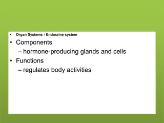 •

Organ Systems - Endocrine system

• Components
– hormone-producing glands and cells
• Functions
– regulates body activities

 