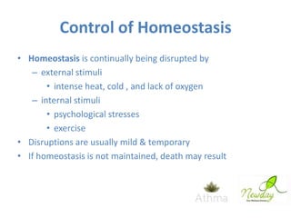 Control of Homeostasis
• Homeostasis is continually being disrupted by
– external stimuli
• intense heat, cold , and lack of oxygen
– internal stimuli
• psychological stresses
• exercise
• Disruptions are usually mild & temporary
• If homeostasis is not maintained, death may result

 
