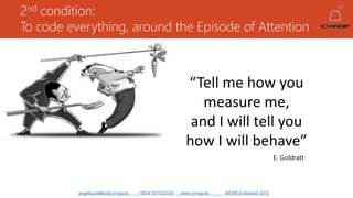 2nd condition:
To code everything, around the Episode of Attention
angelruiztellez@cymap.es +0034 637532359 www.cymap.es WONCA Istanbul 2015
E. Goldratt
“Tell me how you
measure me,
and I will tell you
how I will behave”
 
