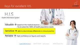 angelruiztellez@cymap.es +0034 637532359 www.cymap.es WONCA Istanbul 2015
Health Information System
Valuable  based on the medical essence:
Try to solve the 100% of health population needs
Sensitive  able to discriminate differences in clinical practice
Reliable  High confidence on figures and reports.
Keys for excellent HIS
 