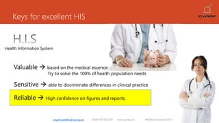 angelruiztellez@cymap.es +0034 637532359 www.cymap.es WONCA Istanbul 2015
Health Information System
Valuable  based on the medical essence:
Try to solve the 100% of health population needs
Sensitive  able to discriminate differences in clinical practice
Reliable  High confidence on figures and reports.
Keys for excellent HIS
 