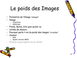 Le poids des Images Formation de l’Image  “sténopé” Image Argentique Numérique Pixels, Bytes, bits quoi qu’est ce Unités de mesure Pourquoi parle-t-on du poids des images  “virtuelles” Couleur RVB Quadri-chromie CMYN Illusion & perception de la rétine 