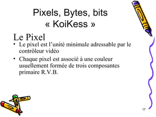 Pixels, Bytes, bits « KoiKess » Le pixel est l’unité minimale adressable par le contrôleur vidéo Chaque pixel est associé à une couleur usuellement formée de trois composantes primaire R.V.B. Le Pixel 