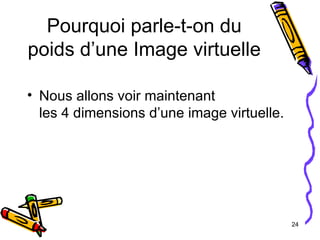 Pourquoi parle-t-on du poids d’une Image virtuelle  Nous allons voir maintenant  les 4 dimensions d’une image virtuelle. 