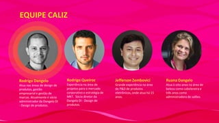 EQUIPE CALIZ

Rodrigo Dangelo
Atua nas áreas de design de
produtos, gestão
empresarial e gestão de
marcas. Atualmente é sócio
administrador da Dangelo DI
- Design de produtos.

Rodrigo Queiroz

Jefferson Zembovici

Ruana Dangelo

Experiência na área de
projetos para o mercado
corporativo e estratégia de
MKT. Sócio diretor da
Dangelo DI - Design de
produtos.

Grande experiência na área
de P&D de produtos
eletrônicos, onde atua há 15
anos.

Atua à oito anos na área de
beleza como cabelereira e
três anos como
administradora de salões.

 