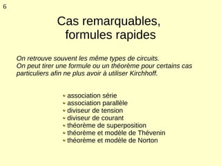 6

                 Cas remarquables,
                  formules rapides
    On retrouve souvent les même types de circuits.
    On peut tirer une formule ou un théorème pour certains cas
    particuliers afin ne plus avoir à utiliser Kirchhoff.


                    association série
                    association parallèle
                    diviseur de tension
                    diviseur de courant
                    théorème de superposition
                    théorème et modèle de Thévenin
                    théorème et modèle de Norton
 