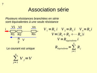7

                          Association série
    Plusieurs résistances branchées en série
    sont équivalentes à une seule résistance
           V1       V2     Vn
    i                           V 1 =R1 i V 2 =R 2 i V n =Rn i
           R1       R2     Rn        V = R1 R2 ⋯ Rn i
                    R V                  V =Réquivalente i
                    2                                  n

        Le courant est unique            Réquivalente = ∑ R j
                                                      j=1
                n

            ∑ V j =V
             j=1
 