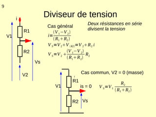 9

         i
                       Diviseur de tension
                                              Deux résistances en série
                        Cas général
             R1                               divisent la tension
                           V 1 −V 2 
    V1                  i=
                            R1 R2 
                        V S =V 2V  R2=V 2R 2 i
             R2                    V 1−V 2
                        V S =V 2            R2
                                    R1R 2
                  Vs

             V2                           Cas commun, V2 = 0 (masse)
                                      I

                                     R1                           R2
                            V1            is = 0     V S =V 1
                                                               R1 R2 

                                     R2 Vs
 