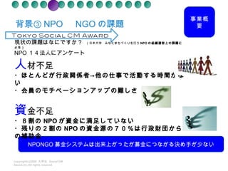 背景③ NPO 　 NGO の課題　 copyright(c)2008  大学生  Social CM Award.inc.All rights reseved 現状の課題はなにですか？ 　（日本大学　みなとまちづくりを行う NPO の組織運営上の課題による） NPO １４法人にアンケート 人 材不足 ・ほとんどが行政関係者->他の仕事で活動する時間がない ・会員のモチベーションアップの難しさ 資 金不足 ・ ８割の NPO が資金に満足していない ・ 残りの２割の NPO の資金源の７０％は行政財団からの補助金 事業概要 NPONGO 募金システムは出来上がったが募金につながる決め手が少ない 