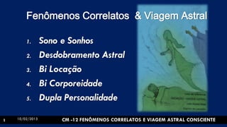 Fenômenos Correlatos & Viagem Astral
1. Sono e Sonhos
2. Desdobramento Astral
3. Bi Locação
4. Bi Corporeidade
5. Dupla Personalidade
10/02/20131
 