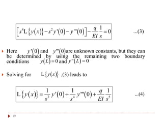 19
...(3)
 Here and are unknown constants, but they can
be determined by using the remaining two boundary
conditions and
 Solving for ,(3) leads to
...(4)
      4 2 1
' 0 "' 0 0
q
s y x s y y
EI s
     L
 ' 0y  "' 0y
  0y L   " 0y L 
      2 4 5
1 1 1
' 0 "' 0
q
y x y y
s s EI s
  L
  y xL
 