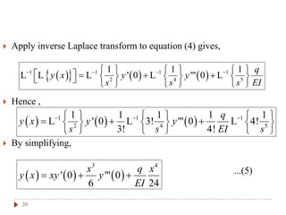20
 Apply inverse Laplace transform to equation (4) gives,
 Hence ,
 By simplifying,
...(5)
      1 1 1 1
2 4 5
1 1 1
' 0 "' 0
q
y x y y
s s s EI
                        
L L L L L
     1 1 1
2 4 5
1 1 1 1 1
' 0 3! "' 0 4!
3! 4!
q
y y
s s
y x
EI s
       
      
     
L L L
     
3 4
' 0 "' 0
6 24
x q x
y x xy y
EI
  
 