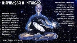 11
INSPIRAÇÃO & INTUIÇÃO
CM-21 - CEREBRO ESPIRITUAL
e muito mais raramente,
desprezados todos os
canais, de forma difusa
com uma fulguração que
tudo lhe ilumina, brilha a
intuição, capacidade
maior do próprio
espírito, para soluções
que escapam à
organização psíquica
normal.
Em determinadas
circunstâncias, por
esses canais circulam
estímulos e impulsos
provindos de outras
mentes encarnadas
ou desencarnadas em
intercâmbio direto
conhecido como
inspiração,
 