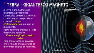 A Terra é um magneto de
gigantescas proporções
constituído de forças atômicas
condicionadas compondo o
chamado campo
eletromagnético em que se
movimenta.
Neste reino de energias a vida
desenvolve agitação.
E toda a agitação produz
ondas.
Toda inquietação se propaga
em forma de ondas através de
diferentes corpos da natureza.
*TERRA – GIGANTESCO MAGNETO
CM-21 - CEREBRO ESPIRITUAL 12
 