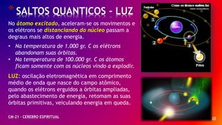 * 20
*SALTOS QUANTICOS - LUZ
CM-21 - CEREBRO ESPIRITUAL
No átomo excitado, aceleram-se os movimentos e
os elétrons se distanciando do núcleo passam a
degraus mais altos de energia.
• Na temperatura de 1.000 gr. C os elétrons
abandonam suas órbitas.
• Na temperatura de 100.000 gr. C os átomos
ficam somente com os núcleos vindo a explodir.
LUZ: oscilação eletromagnética em comprimento
médio de onda que nasce do campo atômico,
quando os elétrons erguidos a órbitas ampliadas,
pelo abastecimento de energia, retomam as suas
órbitas primitivas, veiculando energia em queda.
 