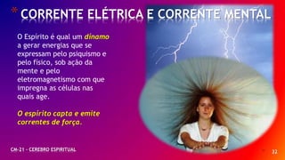 * 32CM-21 - CEREBRO ESPIRITUAL
O Espírito é qual um dínamo
a gerar energias que se
expressam pelo psiquismo e
pelo físico, sob ação da
mente e pelo
eletromagnetismo com que
impregna as células nas
quais age.
O espírito capta e emite
correntes de força.
*CORRENTE ELÉTRICA E CORRENTE MENTAL
 