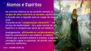 35
*Átomos e Espíritos
CM-21 - CEREBRO ESPIRITUAL
Na corrente elétrica (e na corrente mental) as
cargas de sinal contrário se atraem, equilibrando
a atração com a repulsão ante as cargas de mesmo
sinal.
Tratando-se da “compensação vibratória” - em
termos de mediunidade - há a ação mental de um
Espírito e a recepção por parte de um médium.
Analogamente, afinizando-se reciprocamente, um
Espírito comunicante e um médium, a matéria
mental que o primeiro plasma e projeta, o segundo
conseguirá captar e expressar, de acordo com seu
potencial mediúnico.
 