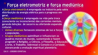 * 36
*Força eletromotriz e força mediúnica
CM-21 - CEREBRO ESPIRITUAL
A força eletromotriz é empregada na indústria pela sabia
distribuição da energia elétrica para o progresso em
geral.
A força mediúnica é empregada na vida pela troca
(consciente ou inconsciente) das correntes mentais,
gerando bênçãos de socorro ou ofertando expansão
cultural.
• Usinas diversas fornecem sistemas de luz e força para
a população.
• Grupos mediúnicos palmilham e influenciam os
quadros morais do mundo, sustentando e fazem
progredir a Religião, a Ciência, a Filosofia, a Educação,
a Arte, o Trabalho. Sobressai o Consolo e a Caridade,
alavancando a evolução espiritual planetária.
 