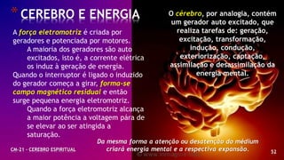 52
*CEREBRO E ENERGIA
CM-21 - CEREBRO ESPIRITUAL
A força eletromotriz é criada por
geradores e potenciada por motores.
A maioria dos geradores são auto
excitados, isto é, a corrente elétrica
os induz à geração de energia.
Quando o interruptor é ligado o induzido
do gerador começa a girar, forma-se
campo magnético residual e então
surge pequena energia eletromotriz.
Quando a força eletromotriz alcança
a maior potência a voltagem pára de
se elevar ao ser atingida a
saturação.
Da mesma forma a atenção ou desatenção do médium
criará energia mental e a respectiva expansão.
O cérebro, por analogia, contém
um gerador auto excitado, que
realiza tarefas de: geração,
excitação, transformação,
indução, condução,
exteriorização, captação,
assimilação e desassimilação da
energia mental.
 