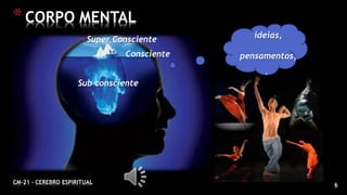 6CM-21 - CEREBRO ESPIRITUAL
ideias,
pensamentos,
ordens,
Decisões
impulsos
da vontade
e do
desejo
Consciente
Sub consciente
Super Consciente
*CORPO MENTAL
 