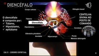 8CM-21 - CEREBRO ESPIRITUAL
*DIENCÉFALO
Diencéfalo
CENTELHA
DIVINA NO
POSTO DE
COMANDO
O diencéfalo
é composto por:
 Tálamo,
 Hipotálamo,
 epitálamo
 