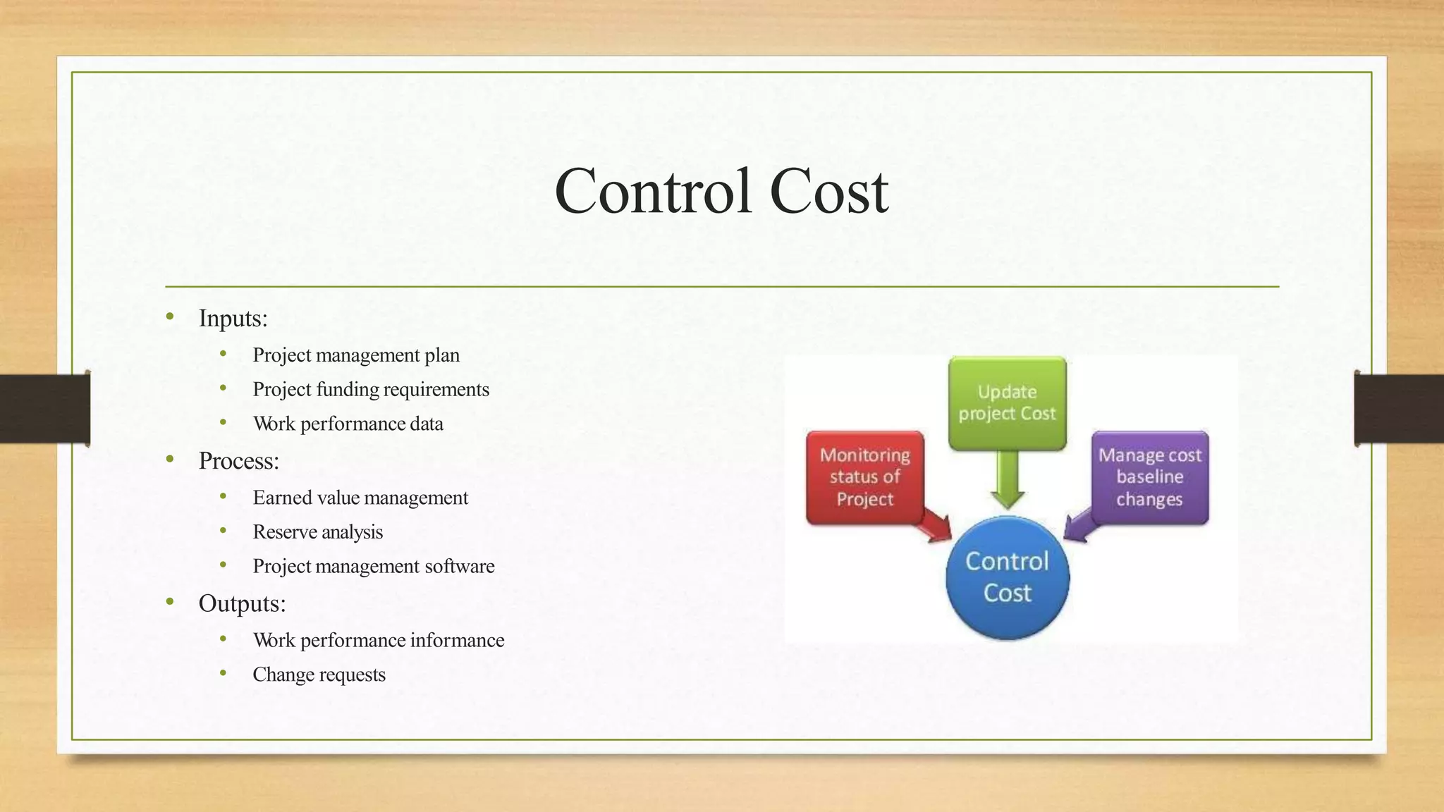 Control Cost
• Inputs:
• Project management plan
• Project funding requirements
• W
ork performance data
• Process:
• Earned value management
• Reserve analysis
• Project management software
• Outputs:
• W
ork performance informance
• Change requests
 