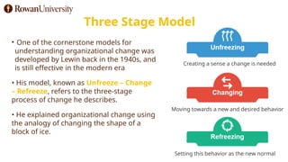 Three Stage Model
• One of the cornerstone models for
understanding organizational change was
developed by Lewin back in the 1940s, and
is still effective in the modern era
• His model, known as Unfreeze – Change
– Refreeze, refers to the three-stage
process of change he describes.
• He explained organizational change using
the analogy of changing the shape of a
block of ice.
Creating a sense a change is needed
Moving towards a new and desired behavior
Setting this behavior as the new normal
 