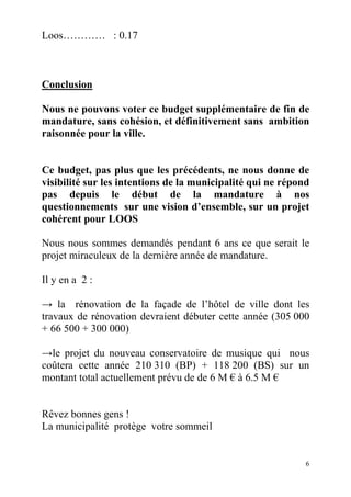 Loos………… : 0.17

Conclusion
Nous ne pouvons voter ce budget supplémentaire de fin de
mandature, sans cohésion, et définitivement sans ambition
raisonnée pour la ville.

Ce budget, pas plus que les précédents, ne nous donne de
visibilité sur les intentions de la municipalité qui ne répond
pas depuis le début de la mandature à nos
questionnements sur une vision d’ensemble, sur un projet
cohérent pour LOOS
Nous nous sommes demandés pendant 6 ans ce que serait le
projet miraculeux de la dernière année de mandature.
Il y en a 2 :
→ la rénovation de la façade de l’hôtel de ville dont les
travaux de rénovation devraient débuter cette année (305 000
+ 66 500 + 300 000)
→le projet du nouveau conservatoire de musique qui nous
coûtera cette année 210 310 (BP) + 118 200 (BS) sur un
montant total actuellement prévu de de 6 M € à 6.5 M €

Rêvez bonnes gens !
La municipalité protège votre sommeil

6

 