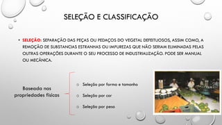 SELEÇÃO E CLASSIFICAÇÃO
• SELEÇÃO: SEPARAÇÃO DAS PEÇAS OU PEDAÇOS DO VEGETAL DEFEITUOSOS, ASSIM COMO, A
REMOÇÃO DE SUBSTANCIAS ESTRANHAS OU IMPUREZAS QUE NÃO SERIAM ELIMINADAS PELAS
OUTRAS OPERAÇÕES DURANTE O SEU PROCESSO DE INDUSTRIALIZAÇÃO. PODE SER MANUAL
OU MECÂNICA.
Baseada nas
propriedades físicas
o Seleção por forma e tamanho
o Seleção por cor
o Seleção por peso
 