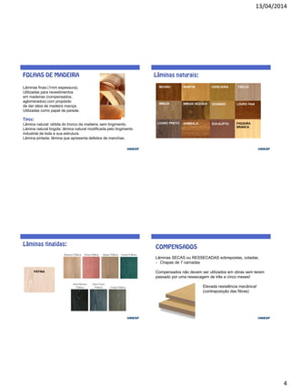 13/04/2014
4
Lâminas finas (1mm espessura).
Utilizadas para revestimentos
em madeiras (compensados,
aglomerados) com propósito
de dar ideia de madeira maciça.
Utilizadas como papel de parede.
Lâmina natural: obtida do tronco da madeira, sem tingimento.
Lâmina natural tingida: lâmina natural modificada pelo tingimento
industrial de toda a sua estrutura.
Lâmina pintada: lâmina que apresenta defeitos de manchas.
MOGNO MARFIM CEREJEIRA FREIJÓ
IMBÚIA IMBUIA NOZADA GOIABÃO LOURO FAIA
LOURO PRETO EUCALÍPTO FIGUEIRA
BRANCA
KAMBALA
PÁTINA
Lâminas SECAS ou RESSECADAS sobrepostas, coladas.
- Chapas de 7 camadas
Compensados não devem ser utilizados em obras sem terem
passado por uma ressecagem de três a cinco meses!
Elevada resistência mecânica!
(contraposição das fibras)
 