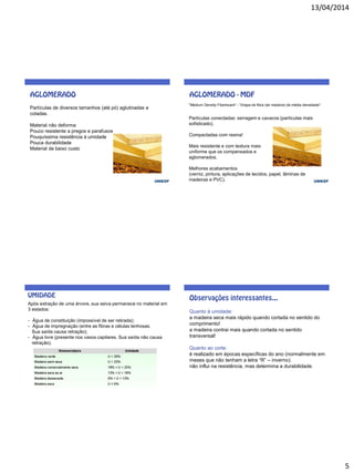 13/04/2014
5
Partículas de diversos tamanhos (até pó) aglutinadas e
coladas.
Material não deforma
Pouco resistente a pregos e parafusos
Pouquíssima resistência à umidade
Pouca durabilidade
Material de baixo custo
Partículas conectadas: serragem e cavacos (partículas mais
sofisticado).
Compactadas com resina!
Mais resistente e com textura mais
uniforme que os compensados e
aglomerados.
Melhores acabamentos
(verniz, pintura, aplicações de tecidos, papel, lâminas de
madeiras e PVC).
"Medium Density Fiberboard“ - "chapa de fibra (de madeira) de média densidade".
Após extração de uma árvore, sua seiva permanece no material em
3 estados:
- Água de constituição (impossível de ser retirada);
- Água de impregnação (entre as fibras e células lenhosas.
Sua saída causa retração);
- Água livre (presente nos vasos capilares. Sua saída não causa
retração).
Quanto à umidade:
a madeira seca mais rápido quando cortada no sentido do
comprimento!
a madeira contrai mais quando cortada no sentido
transversal!
Quanto ao corte:
é realizado em épocas específicas do ano (normalmente em
meses que não tenham a letra “R” – inverno).
não influi na resistência, mas determina a durabilidade.
 